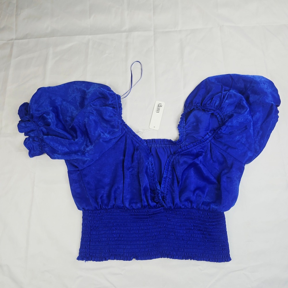 Glam Women Size L Puff Sleeve Smocked Waist Crop Top Blue Satin Sweetheart Neck